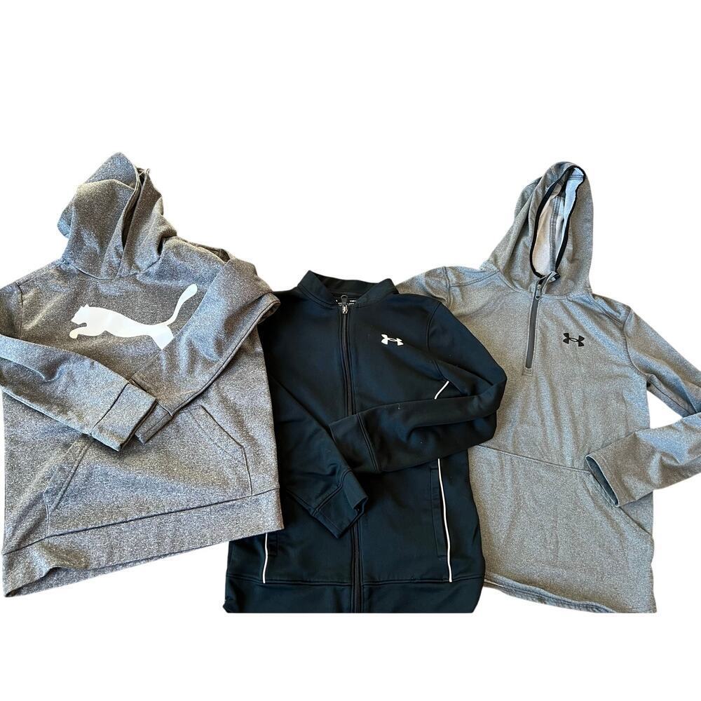 Boys Athletic Hoodies, Puma, Under Armour, Black, Gray, Medium, Set of 3